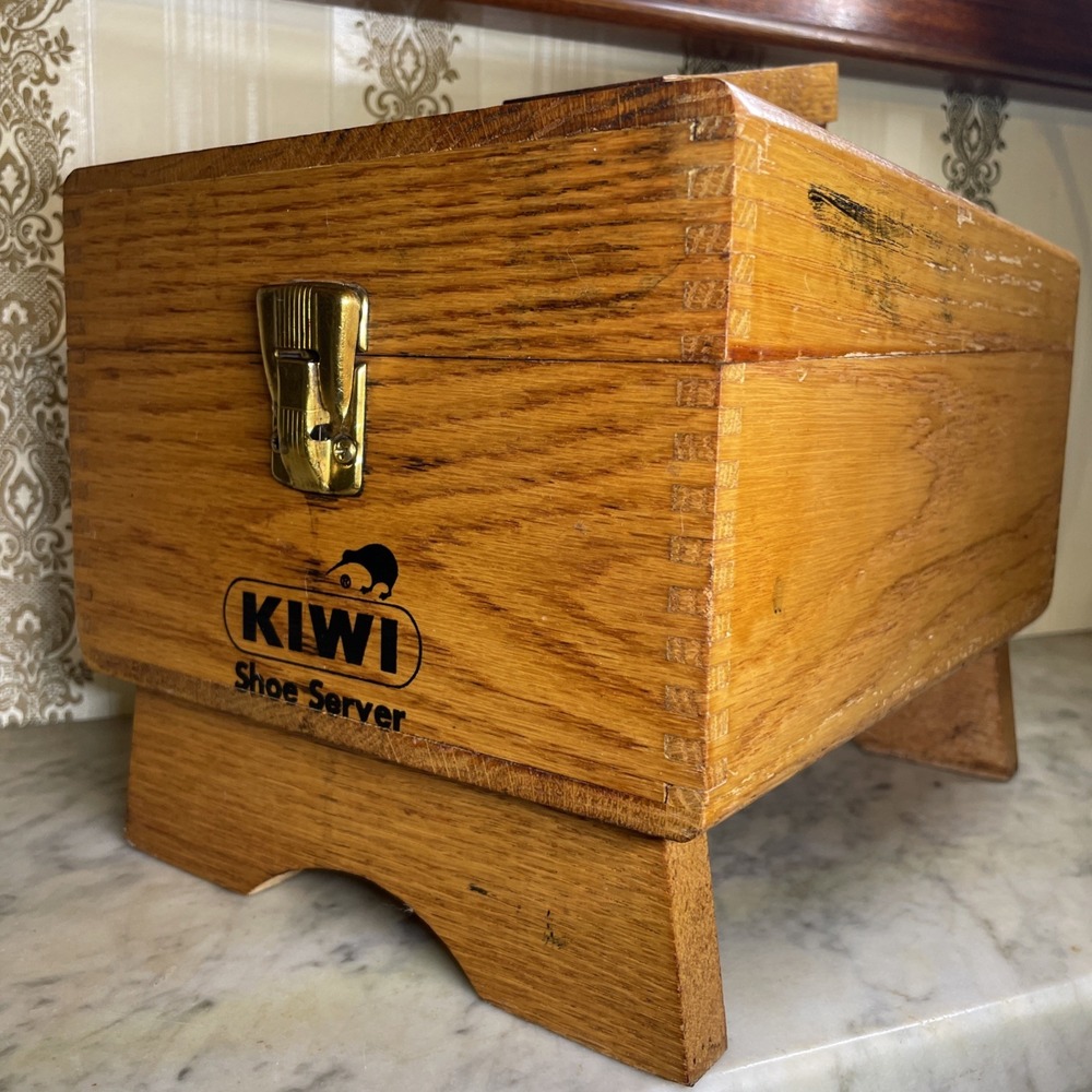 Vintage Wood Shoe Shine Box Valet Kit Lot w/ Kiwi Wood Brush Kiwi Polish Tins